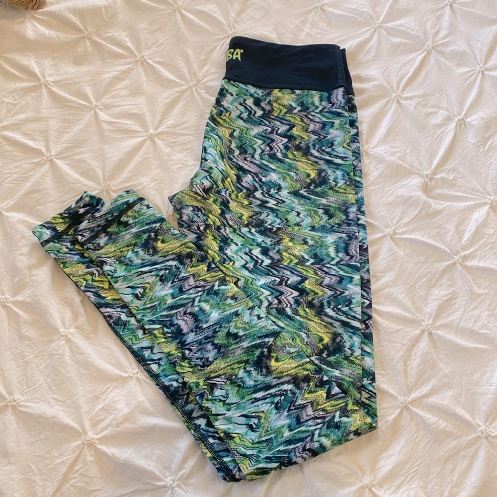 Zumba colorful print blue, green, and yellow leggings size S